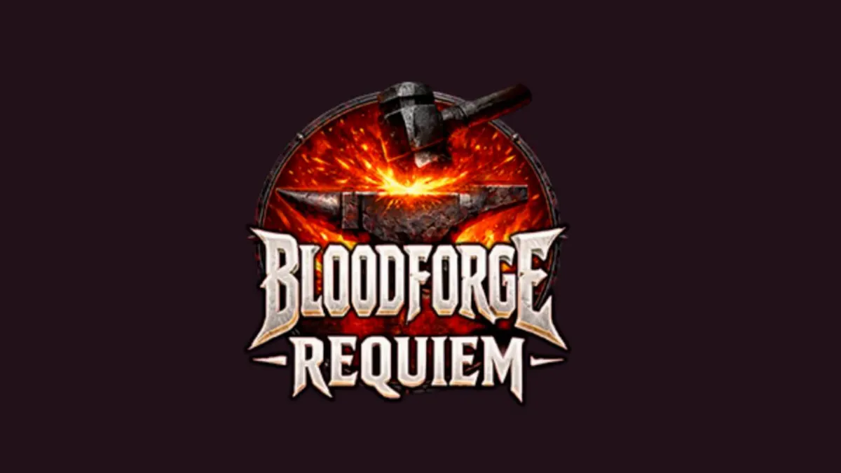 Tampilan visual slot Bloodforge Requiem dengan tema tungku api dan senjata medieval.