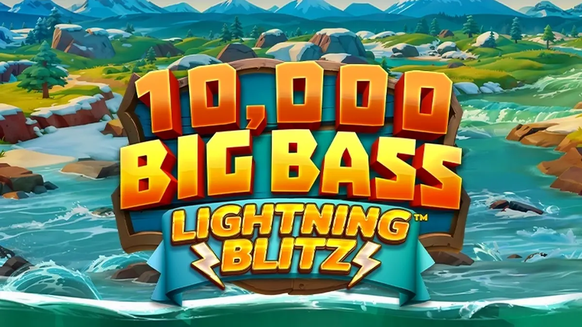 Tampilan visual slot 10,000 Big Bass Lightning Blitz dengan simbol ikan dan efek kilat