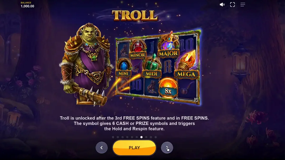 Pemandangan hutan mistis dalam slot Land of Riches dengan karakter fantasi